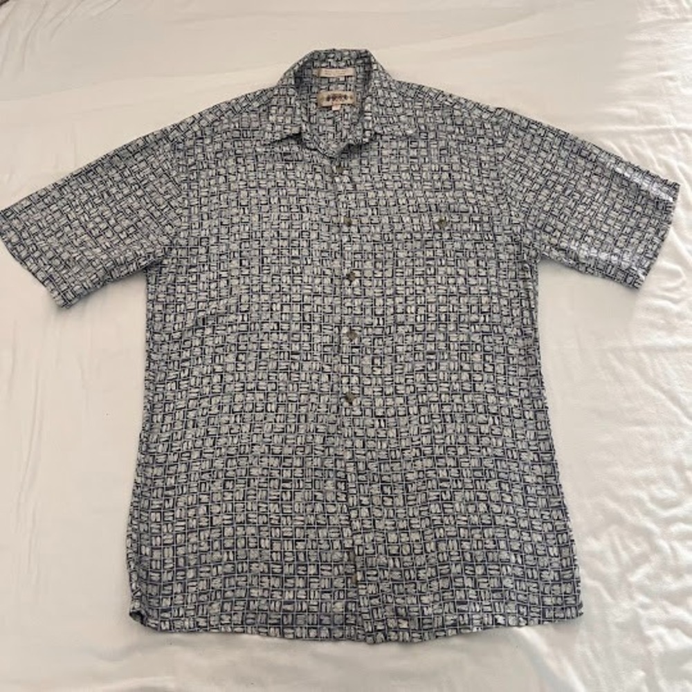Vintage Cabana Sport Rayon Button Up Shirt Mens Medium Blue Geometric Short Slee